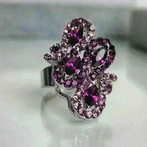 Purple rhinestones silver Tone ring cocktail ring size 9 adjustable